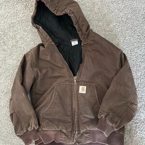 Carhartt Hooded Active Jacket Brown Canvas Quilted Lined Youth Size M 8/10